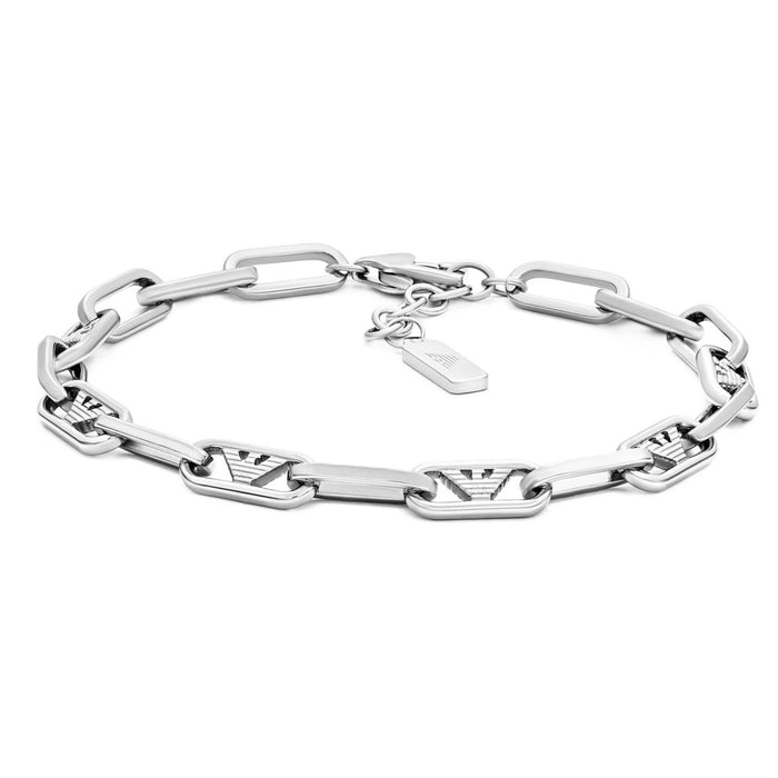 Ανδρικό βραχιόλι Emporio Armani EGS3249040 από ανοξείδωτο ατσάλι σε ασημί χρώμα, σχέδιο μπρασελέ κρίκο-κρίκο με στρογγυλό κούμπωμα ασφαλείας.