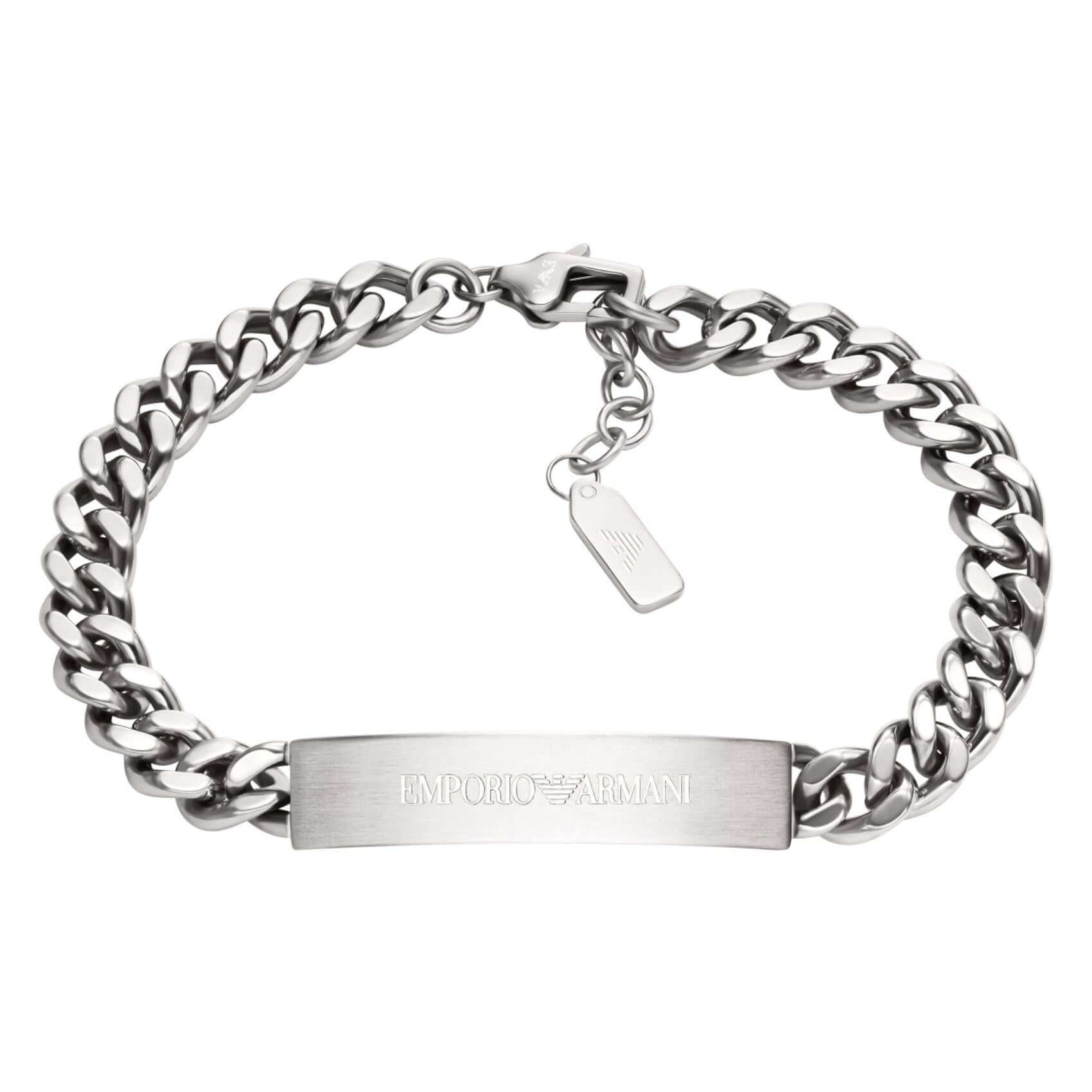 Ανδρικό βραχιόλι Emporio Armani EGS3304040 από ανοξείδωτο ατσάλι σε ασημί χρώμα με σχέδιο αλυσίδας κρίκο-κρίκο και ταυτότητα.