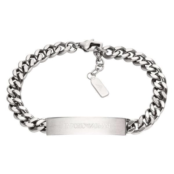 Ανδρικό βραχιόλι Emporio Armani EGS3304040 από ανοξείδωτο ατσάλι σε ασημί χρώμα με σχέδιο αλυσίδας κρίκο-κρίκο και ταυτότητα.