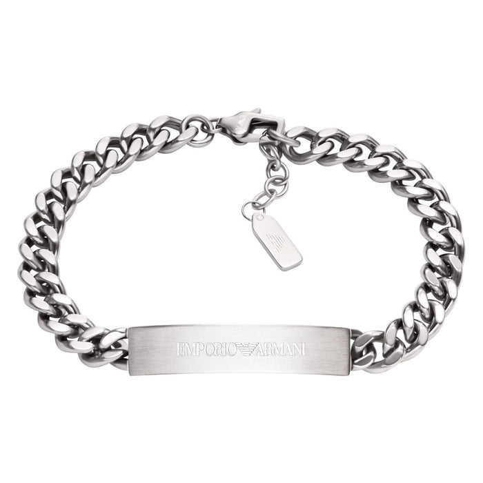 Ανδρικό βραχιόλι Emporio Armani EGS3304040 από ανοξείδωτο ατσάλι σε ασημί χρώμα με σχέδιο αλυσίδας κρίκο-κρίκο και ταυτότητα.