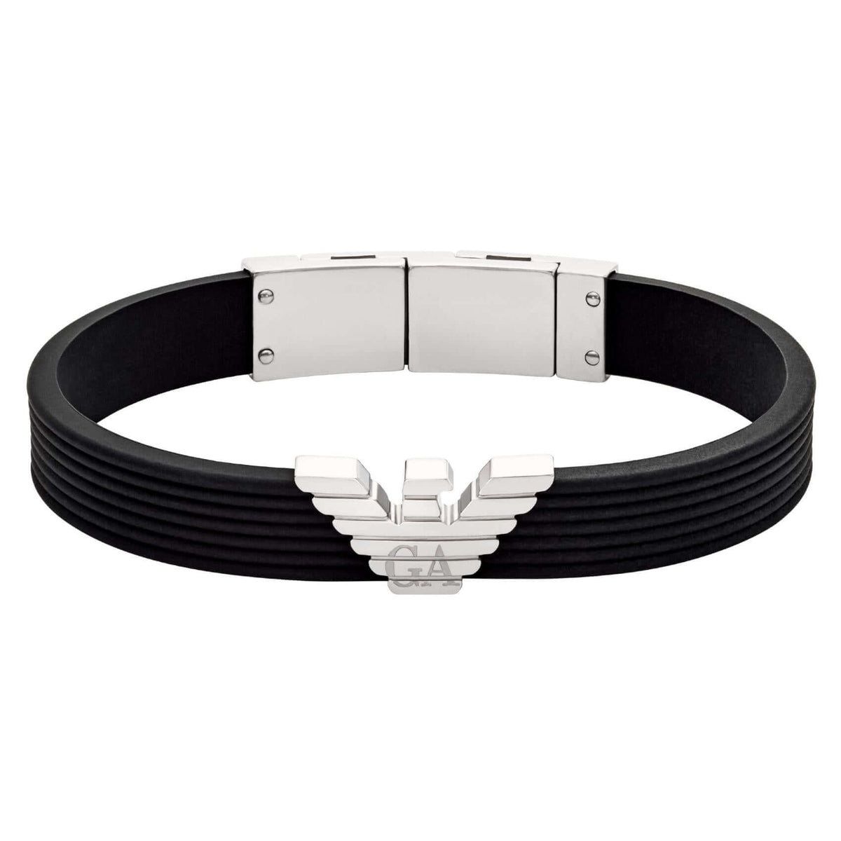 Ανδρικό βραχιόλι Emporio Armani EGS3168040 σιλικόνης σε μαύρο χρώμα με ατσάλινο στοιχείο σε σχήμα V και κούμπωμα σε ασημί χρώμα.