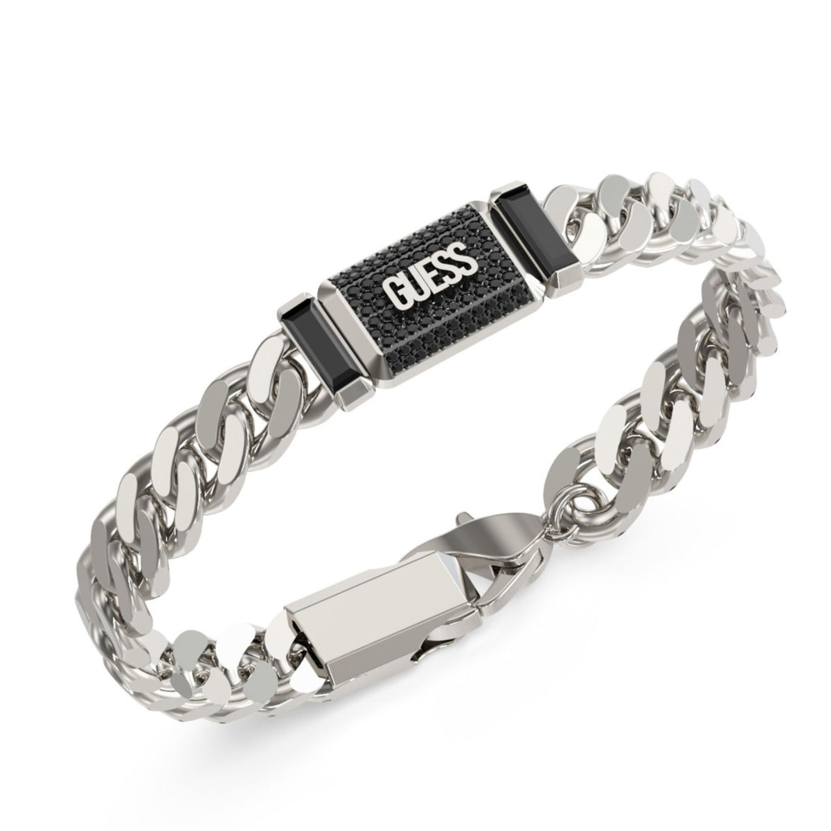 Ανδρικό βραχιόλι Guess Barrio JUMB06066JWSTBKS ασημί με μαύρες πέτρες και λογότυπο Guess