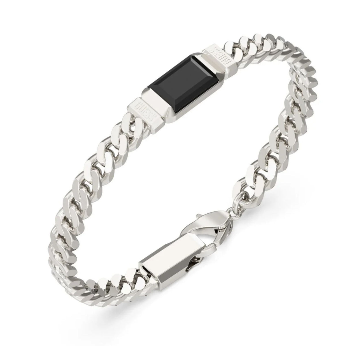 Ανδρικό βραχιόλι Guess Barrio JUMB06067JWSTBKS ασημί με μαύρη ταυτότητα και λογότυπο Guess