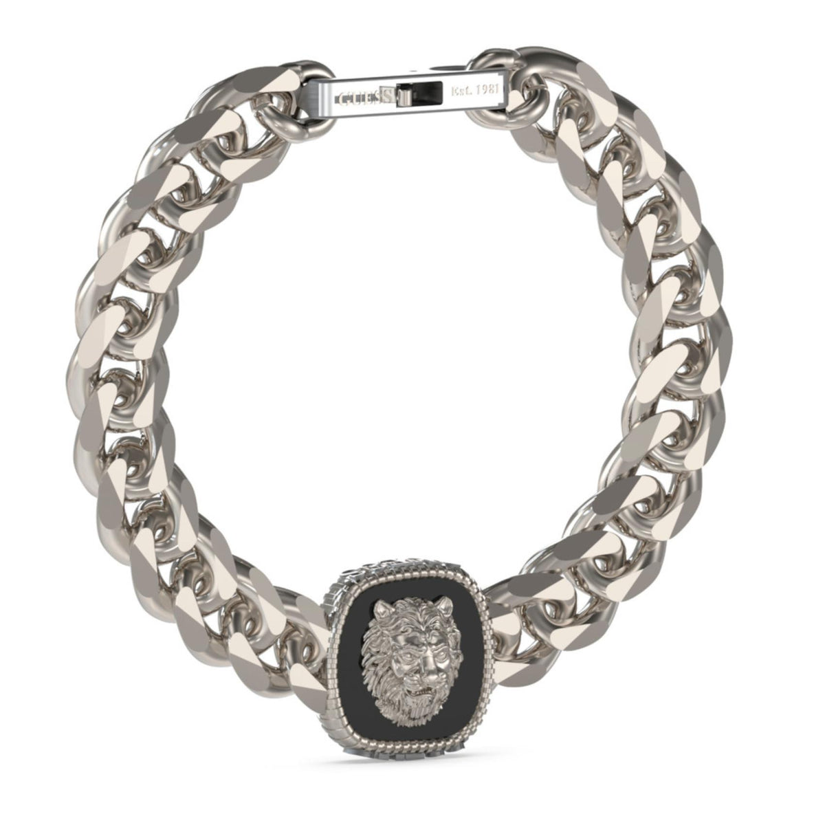 Ανδρικό βραχιόλι Guess Lion King JUMB04001JWSTBKS ασημί με κεντρικό στοιχείο λιονταριού