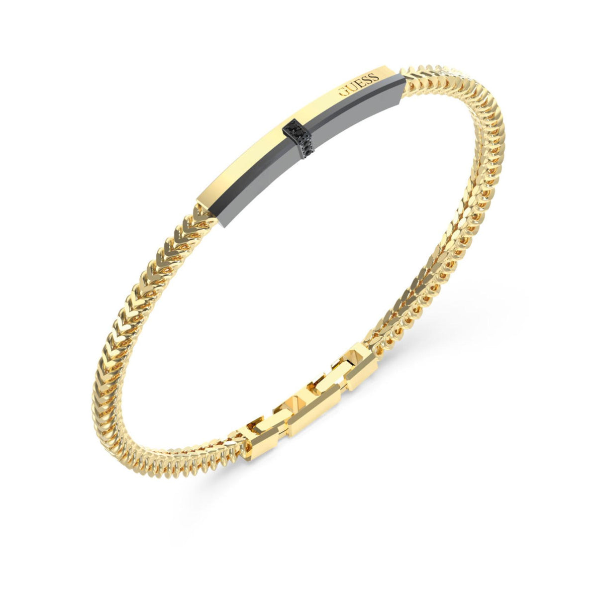Ανδρικό βραχιόλι Guess Noir JUMB05105JWYGL χρυσό με κεντρική πλακέτα και λογότυπο Guess