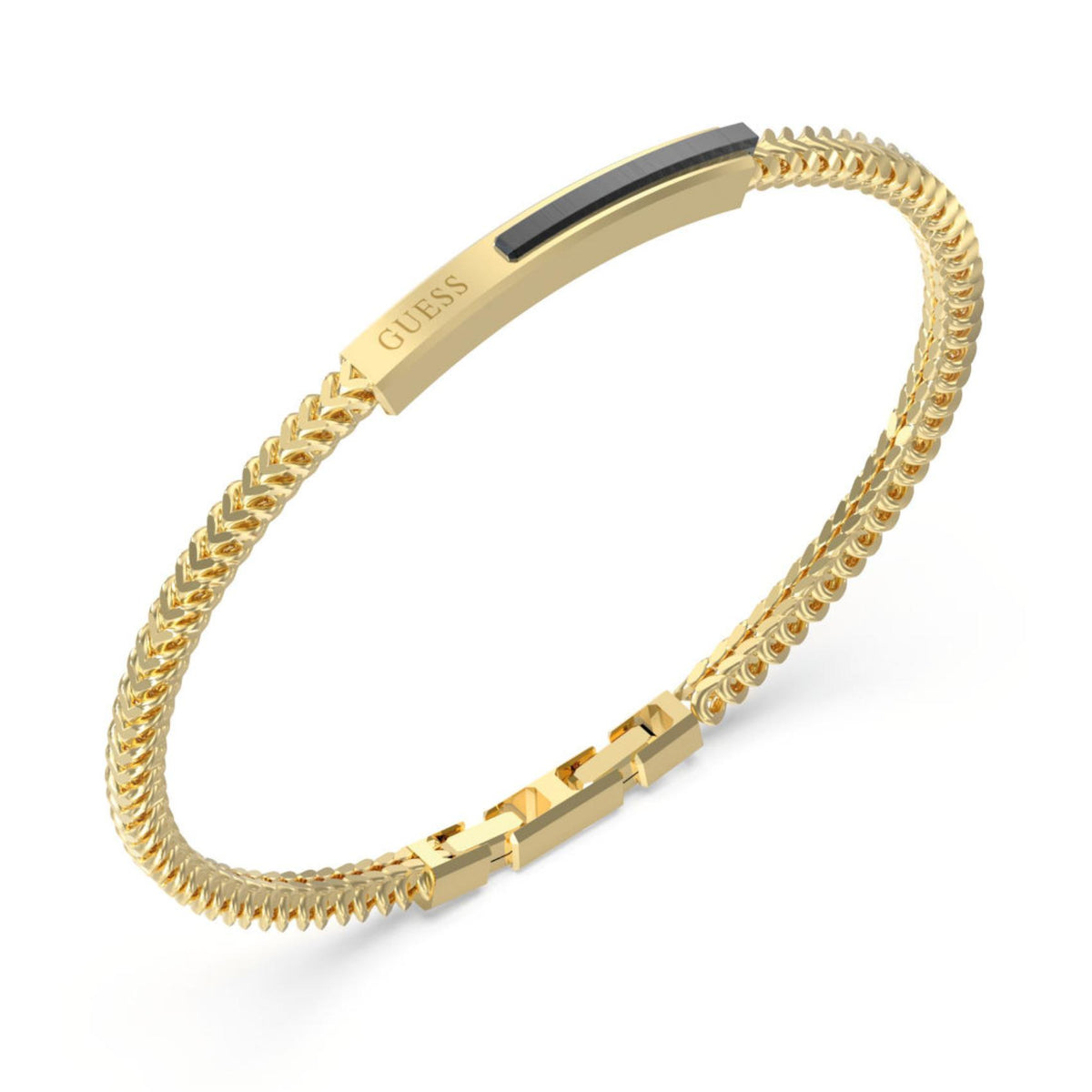 Ανδρικό βραχιόλι Guess Noir JUMB05109JWYGL χρυσό με κεντρική πλακέτα και λογότυπο Guess
