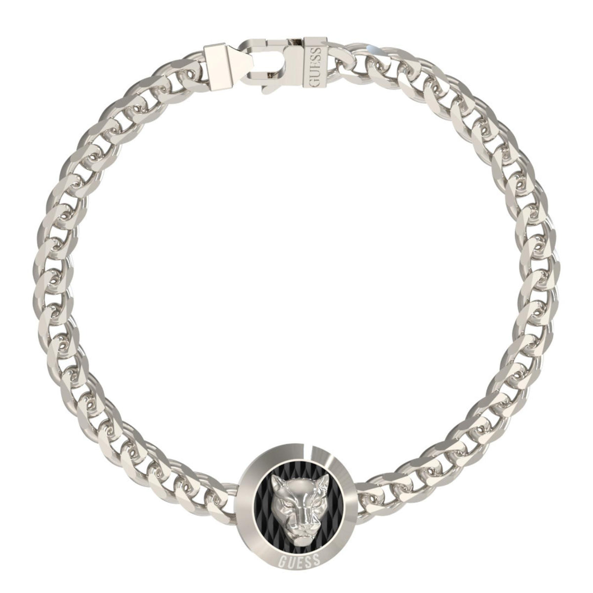 Ανδρικό βραχιόλι Guess Panther JUMB06086JWSTS ασημί με στοιχείο πάνθηρα και λογότυπο Guess