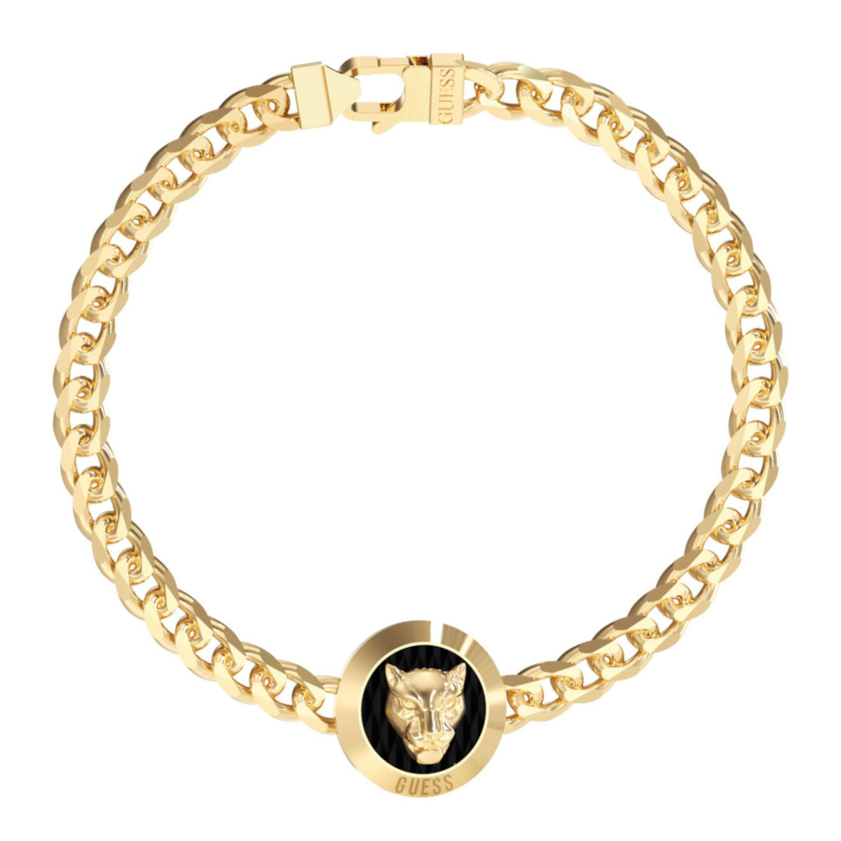 Ανδρικό βραχιόλι Guess Panther JUMB06086JWYGS χρυσό με στοιχείο πάνθηρα και λογότυπο Guess