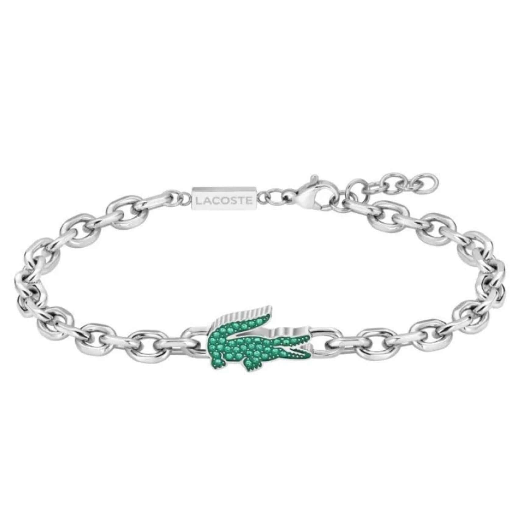 Ανδρικό βραχιόλι Lacoste 2040610 σε ασημί χρώμα από ανοξείδωτο ατσάλι με πράσινο κροκοδειλάκι και ζιργκόν.