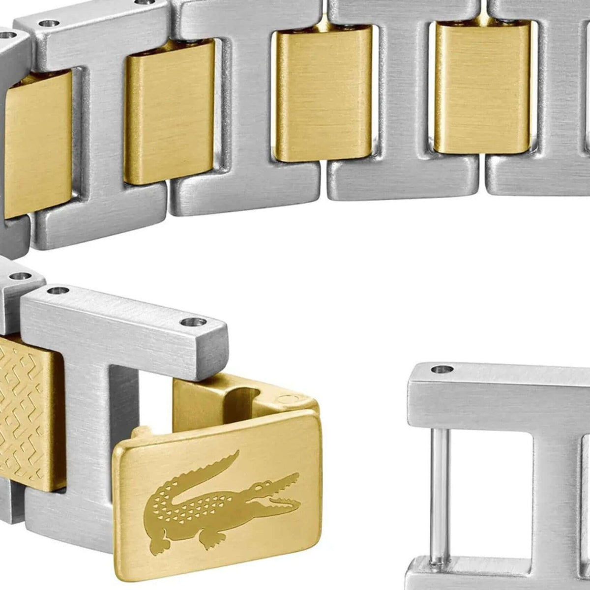 Λεπτομέρεια από το ανδρικό βραχιόλι Lacoste Metropole 2040556 με δίχρωμο μεταλλικό τελείωμα.
