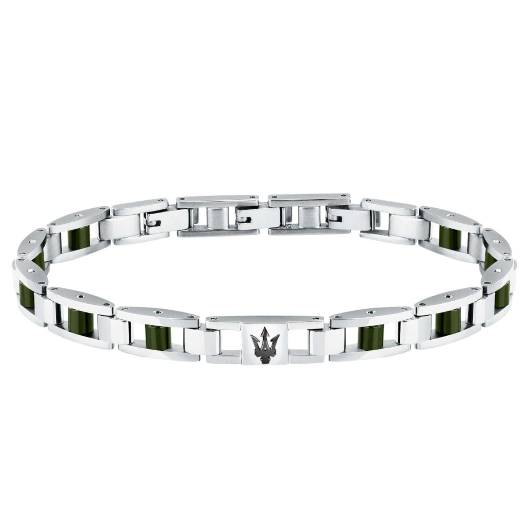 Ανδρικό βραχιόλι Maserati Ceramic JM225ATZ60 από ανοξείδωτο ατσάλι και κεραμικό, σε ασημί-πράσινο απόχρωση με γκρι τρίαινα.