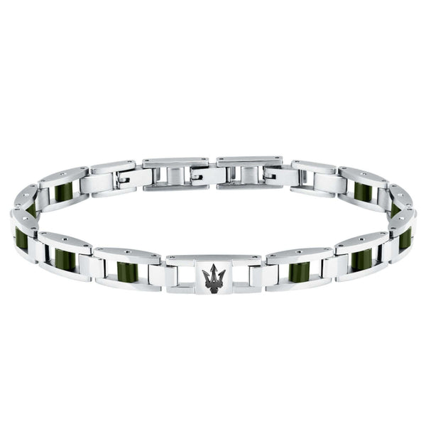Ανδρικό βραχιόλι Maserati Ceramic JM225ATZ60 από ανοξείδωτο ατσάλι και κεραμικό, σε ασημί-πράσινο απόχρωση με γκρι τρίαινα.