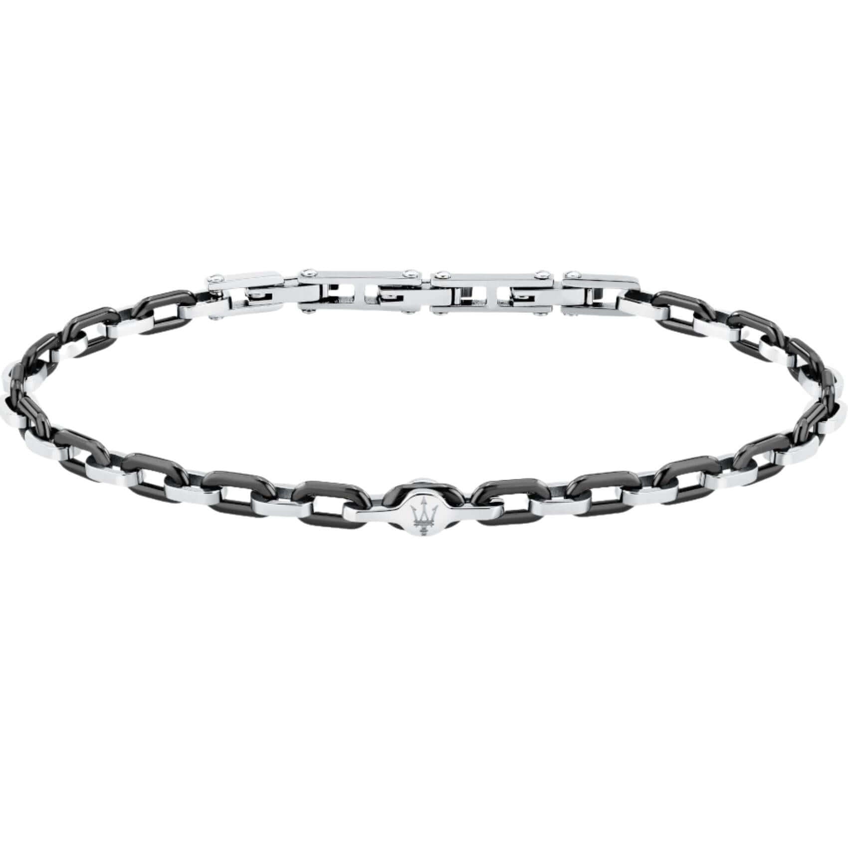 Ανδρικό βραχιόλι Maserati Ceramic JM226ATZ77 από ανοξείδωτο ατσάλι και κεραμικό σε ασημί-μαύρο χρώμα με ασημί τρίαινα.