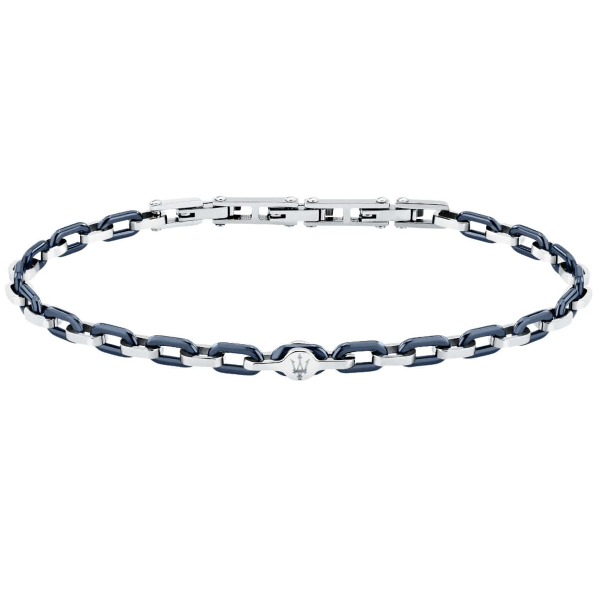 Ανδρικό βραχιόλι Maserati Ceramic JM226ATZ78 από ανοξείδωτο ατσάλι και κεραμικό σε ασημί-μπλε χρώμα με ασημί τρίαινα.