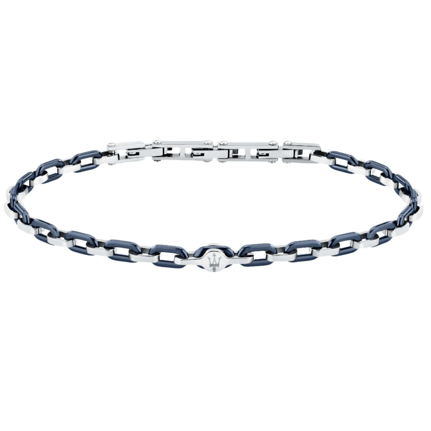 Ανδρικό βραχιόλι Maserati Ceramic JM226ATZ78 από ανοξείδωτο ατσάλι και κεραμικό σε ασημί-μπλε χρώμα με ασημί τρίαινα.