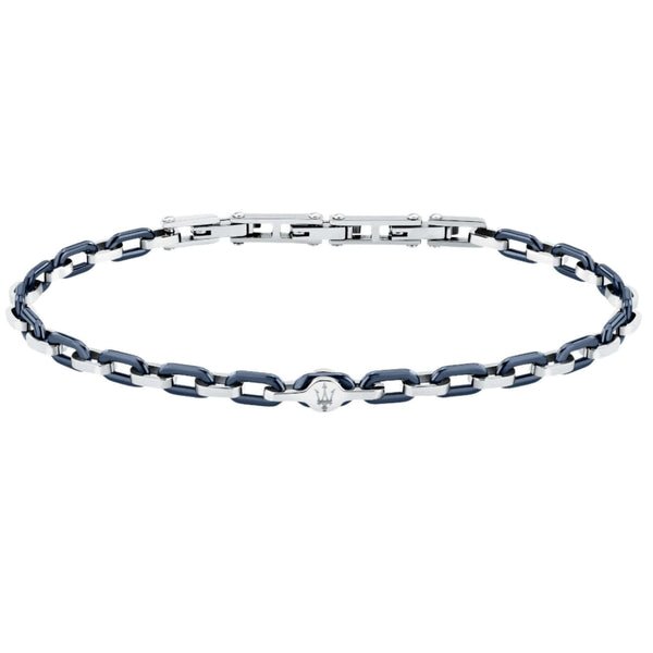 Ανδρικό βραχιόλι Maserati Ceramic JM226ATZ78 από ανοξείδωτο ατσάλι και κεραμικό σε ασημί-μπλε χρώμα με ασημί τρίαινα.