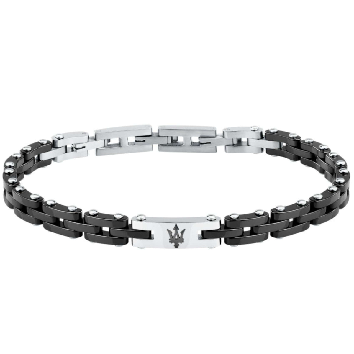 Ανδρικό βραχιόλι Maserati Ceramic JM425ATZ64 από ανοξείδωτο ατσάλι και κεραμικό, σε ασημί-μαύρο με μαύρη τρίαινα.
