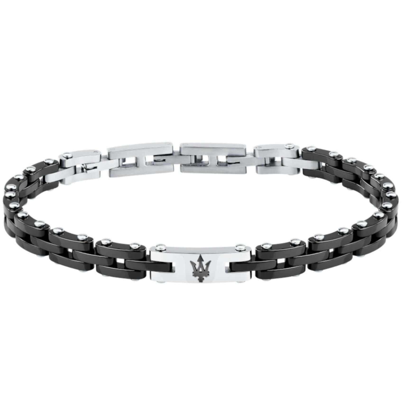 Ανδρικό βραχιόλι Maserati Ceramic JM425ATZ64 από ανοξείδωτο ατσάλι και κεραμικό, σε ασημί-μαύρο με μαύρη τρίαινα.
