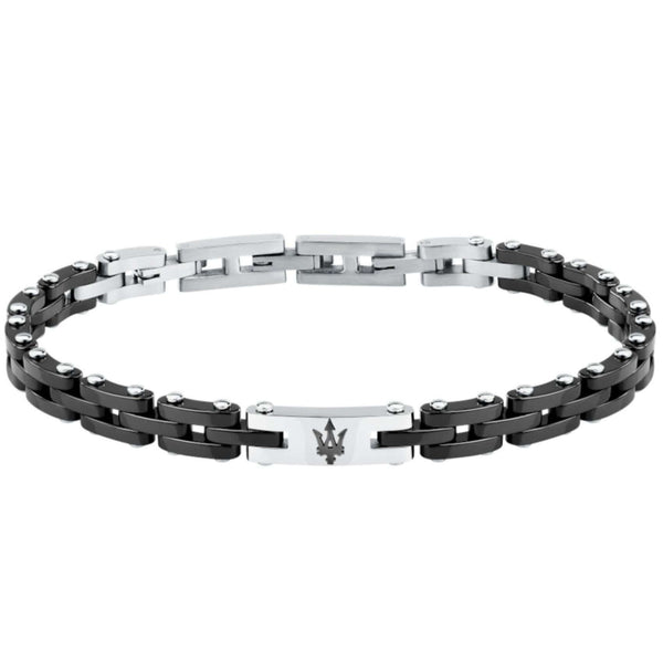 Ανδρικό βραχιόλι Maserati Ceramic JM425ATZ64 από ανοξείδωτο ατσάλι και κεραμικό, σε ασημί-μαύρο με μαύρη τρίαινα.