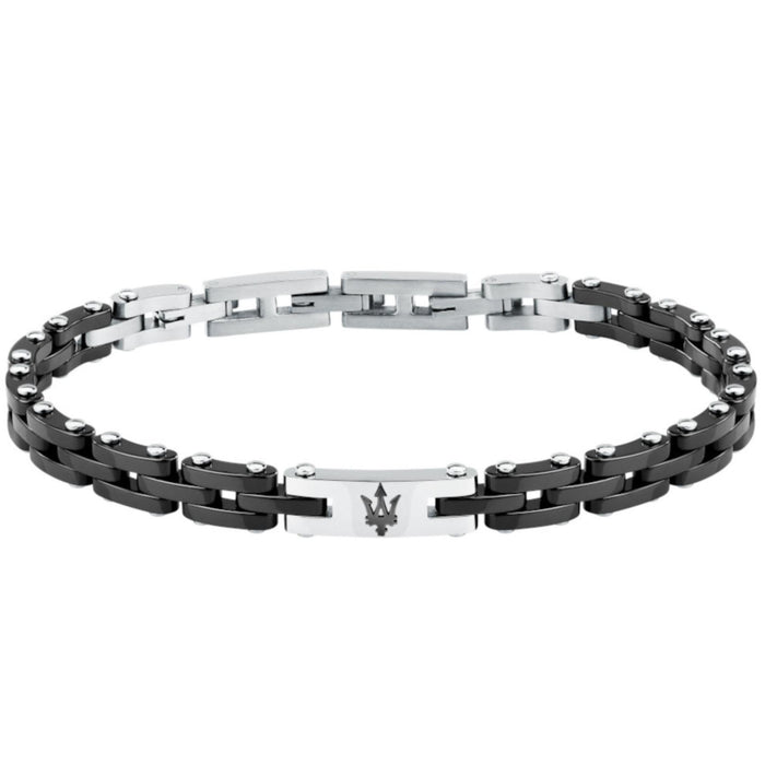 Ανδρικό βραχιόλι Maserati Ceramic JM425ATZ64 από ανοξείδωτο ατσάλι και κεραμικό, σε ασημί-μαύρο με μαύρη τρίαινα.