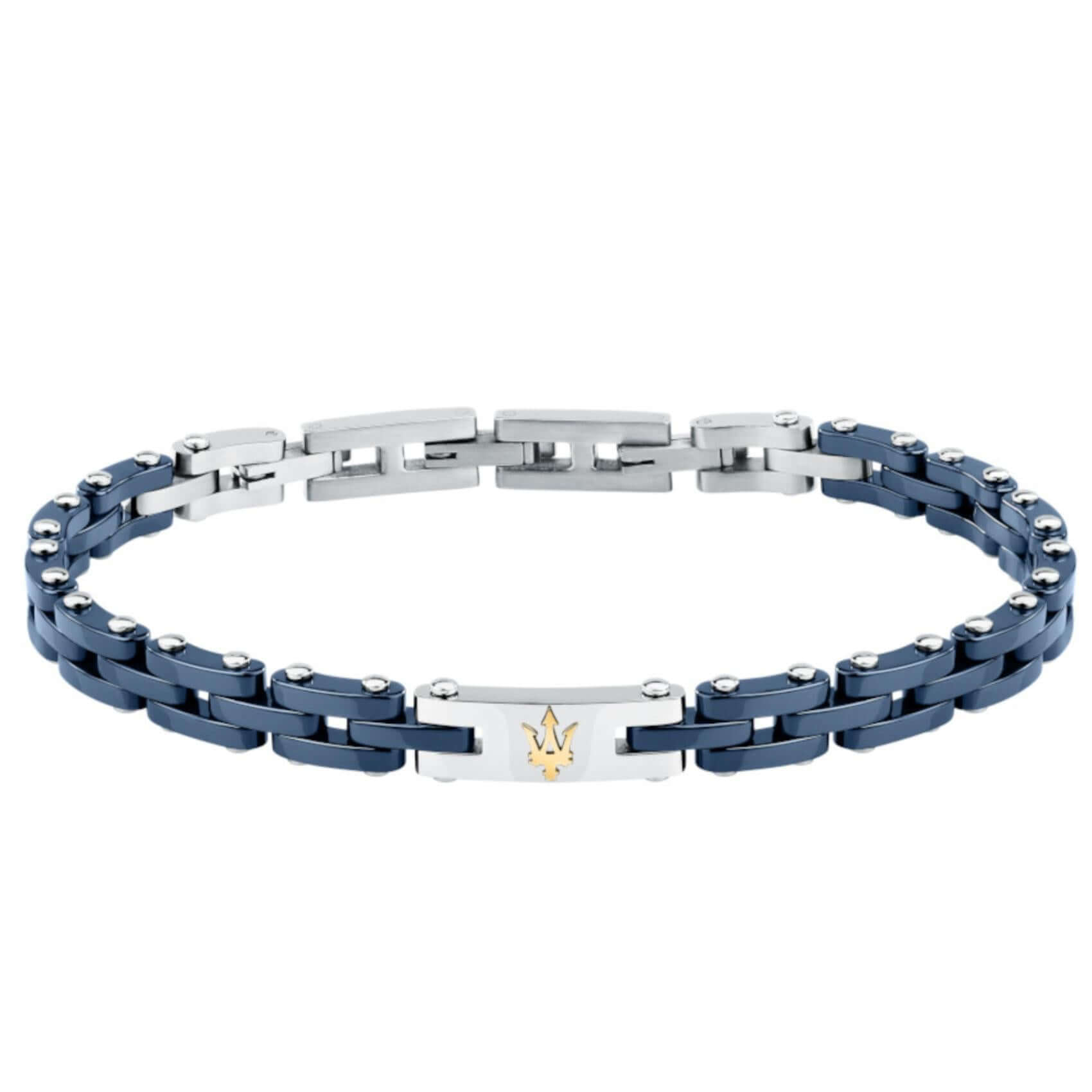 Ανδρικό βραχιόλι Maserati Ceramic JM425ATZ65 από ανοξείδωτο ατσάλι και κεραμικό, σε ασημί-μπλε με χρυσή τρίαινα.