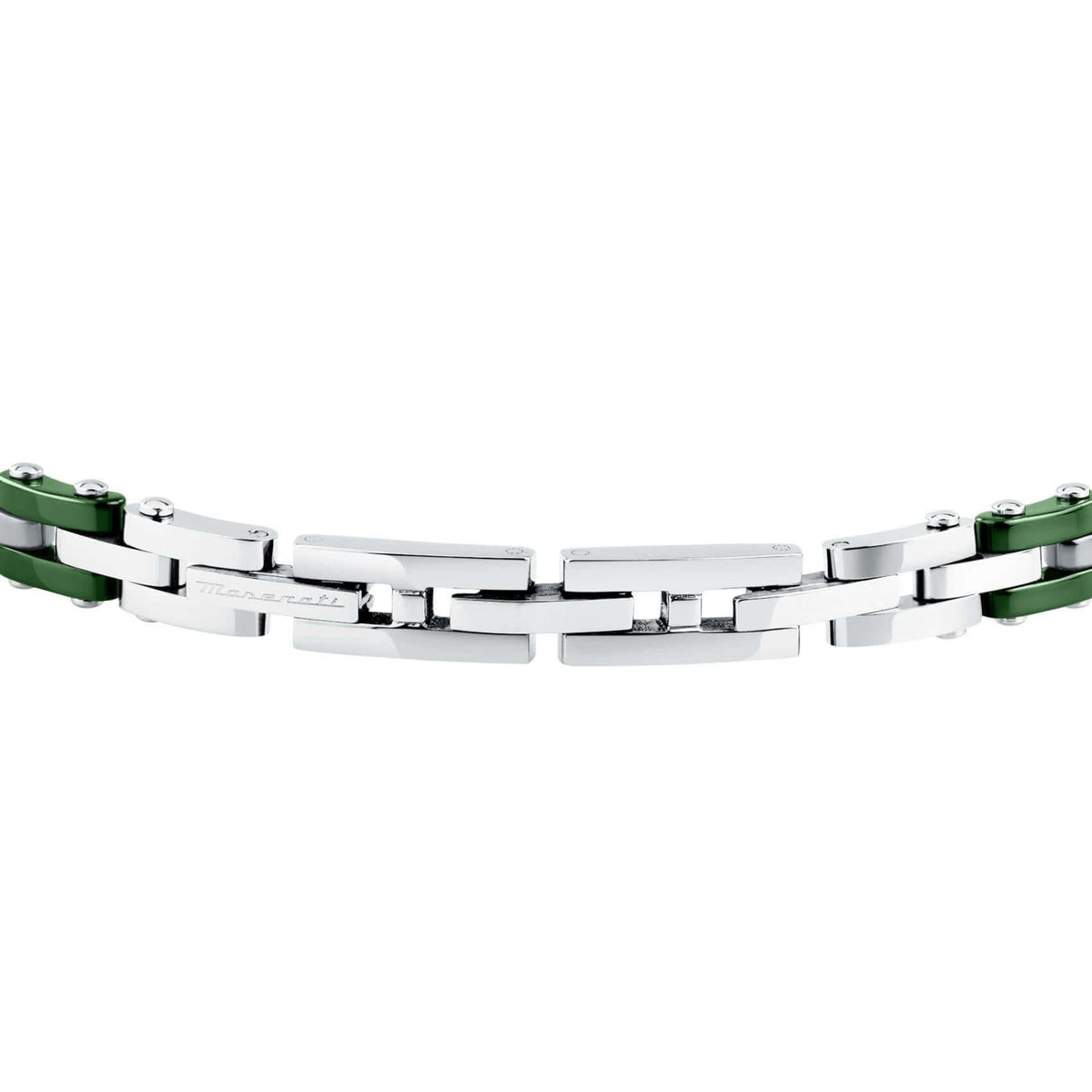 Πλάγια όψη του ανδρικού βραχιολιού Maserati Ceramic JM425ATZ66 που αναδεικνύει το μπρασελέ από ανοξείδωτο ατσάλι και κεραμικό σε ασημί-πράσινο.