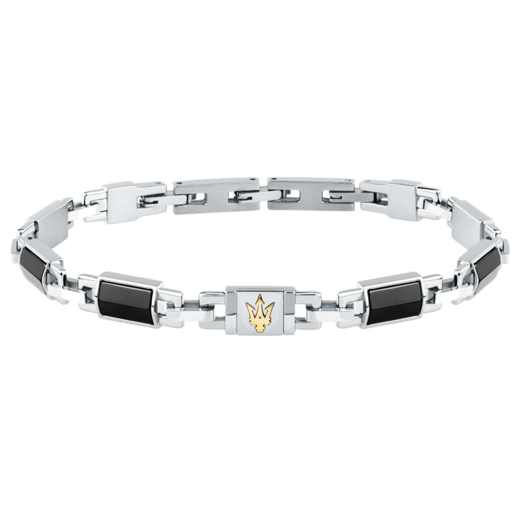 Ανδρικό βραχιόλι Maserati Ceramic JM425ATZ69 από ανοξείδωτο ατσάλι και κεραμικό, σε ασημί-μαύρο με χρυσή τρίαινα.