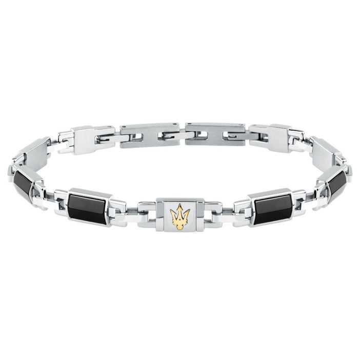 Ανδρικό βραχιόλι Maserati Ceramic JM425ATZ69 από ανοξείδωτο ατσάλι και κεραμικό, σε ασημί-μαύρο με χρυσή τρίαινα.