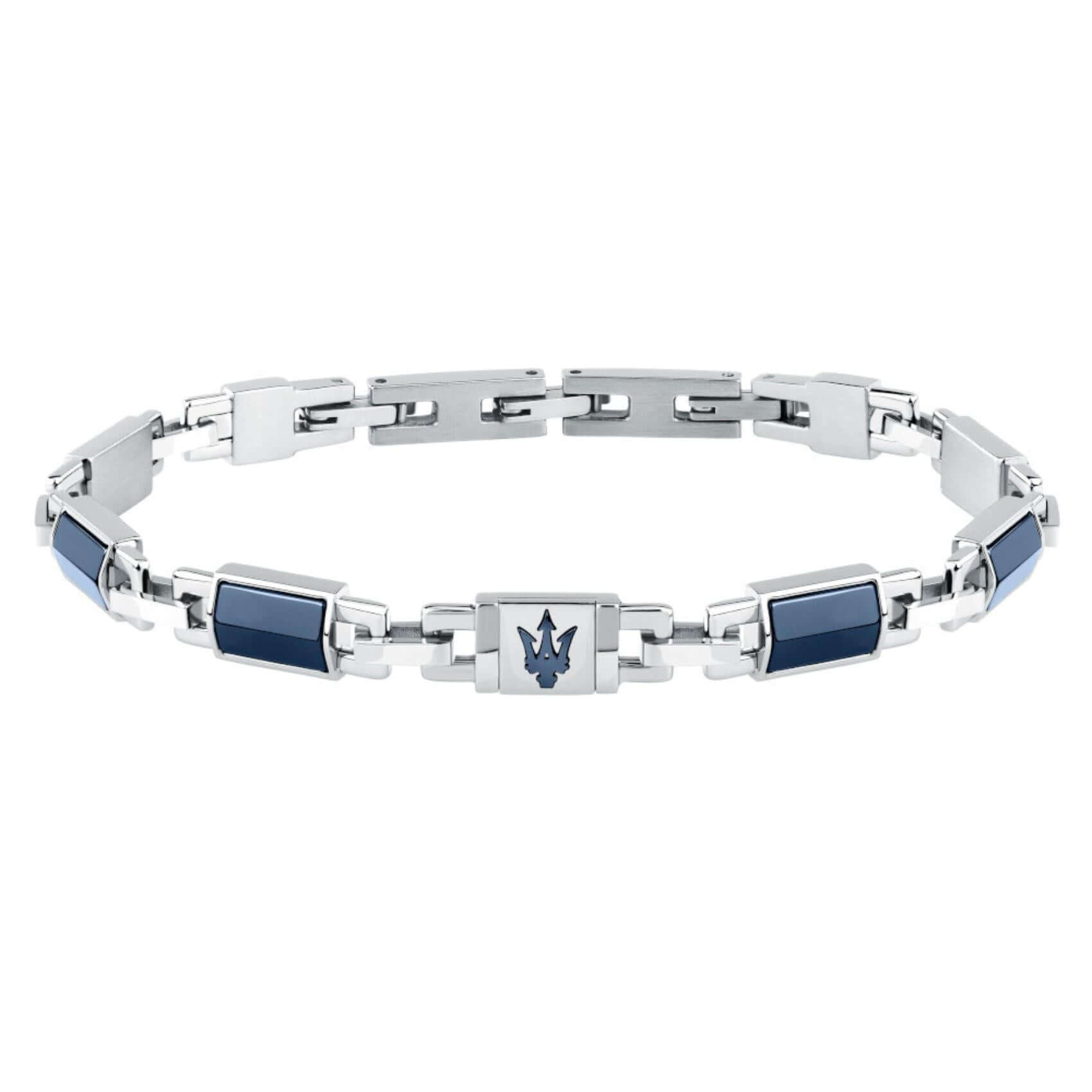 Ανδρικό βραχιόλι Maserati Ceramic JM425ATZ70 από ανοξείδωτο ατσάλι και κεραμικό, σε ασημί-μπλε με μπλε τρίαινα.