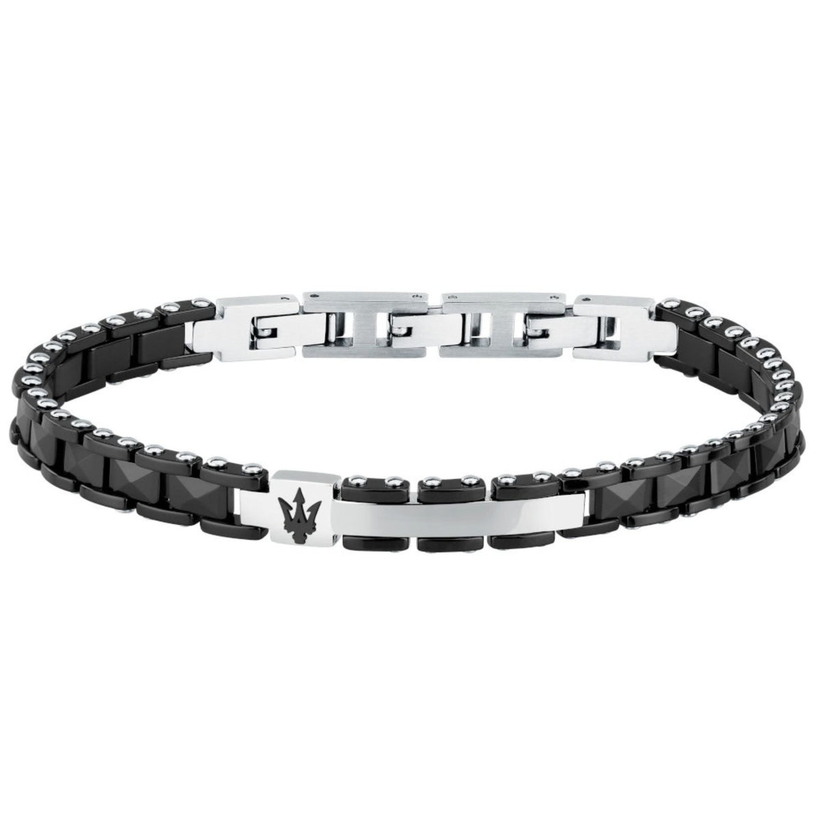 Ανδρικό βραχιόλι Maserati Ceramic JM426ATZ95 σε ασημί και μαύρο χρώμα από ατσάλι και κεραμικό με ρυθμιζόμενο μήκος 19-22cm