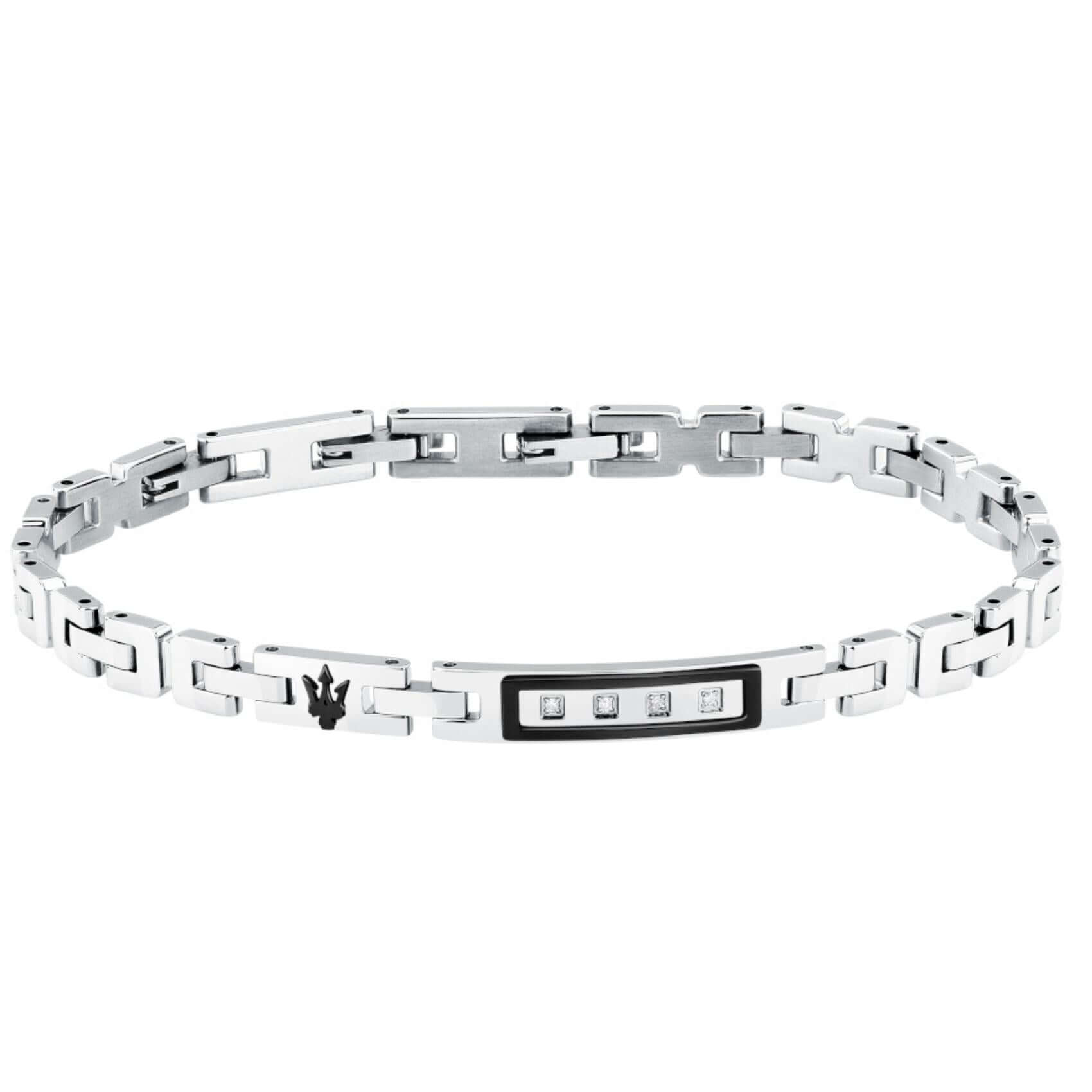 Ανδρικό βραχιόλι Maserati Diamonds JM125ATY21 ασημί ατσάλινο με μαύρο κεραμικό, διαμαντάκια και μάυρη τρίαινα.