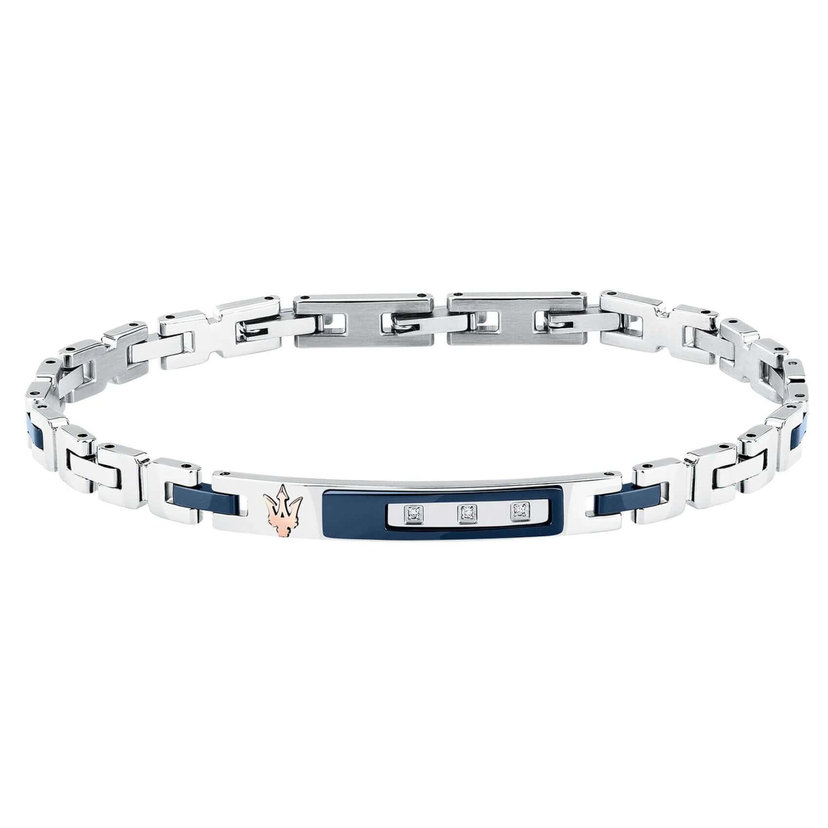 Ανδρικό βραχιόλι Maserati Diamonds JM125ATY22 από ανοξείδωτο ατσάλι και κεραμικό, σε ασημί-μπλε με διαμαντάκια 0.0135ct και ροζ χρυσή τρίαινα.