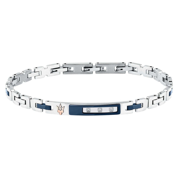 Ανδρικό βραχιόλι Maserati Diamonds JM125ATY22 από ανοξείδωτο ατσάλι και κεραμικό, σε ασημί-μπλε με διαμαντάκια 0.0135ct και ροζ χρυσή τρίαινα.
