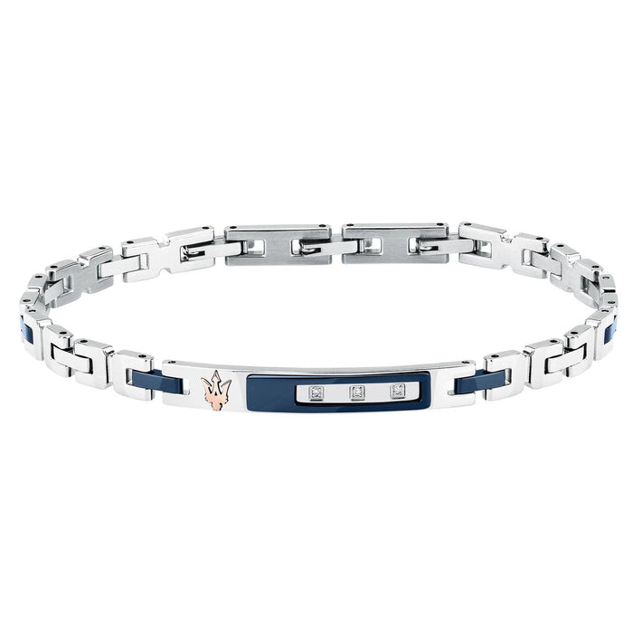 Ανδρικό βραχιόλι Maserati Diamonds JM125ATY22 από ανοξείδωτο ατσάλι και κεραμικό, σε ασημί-μπλε με διαμαντάκια 0.0135ct και ροζ χρυσή τρίαινα.
