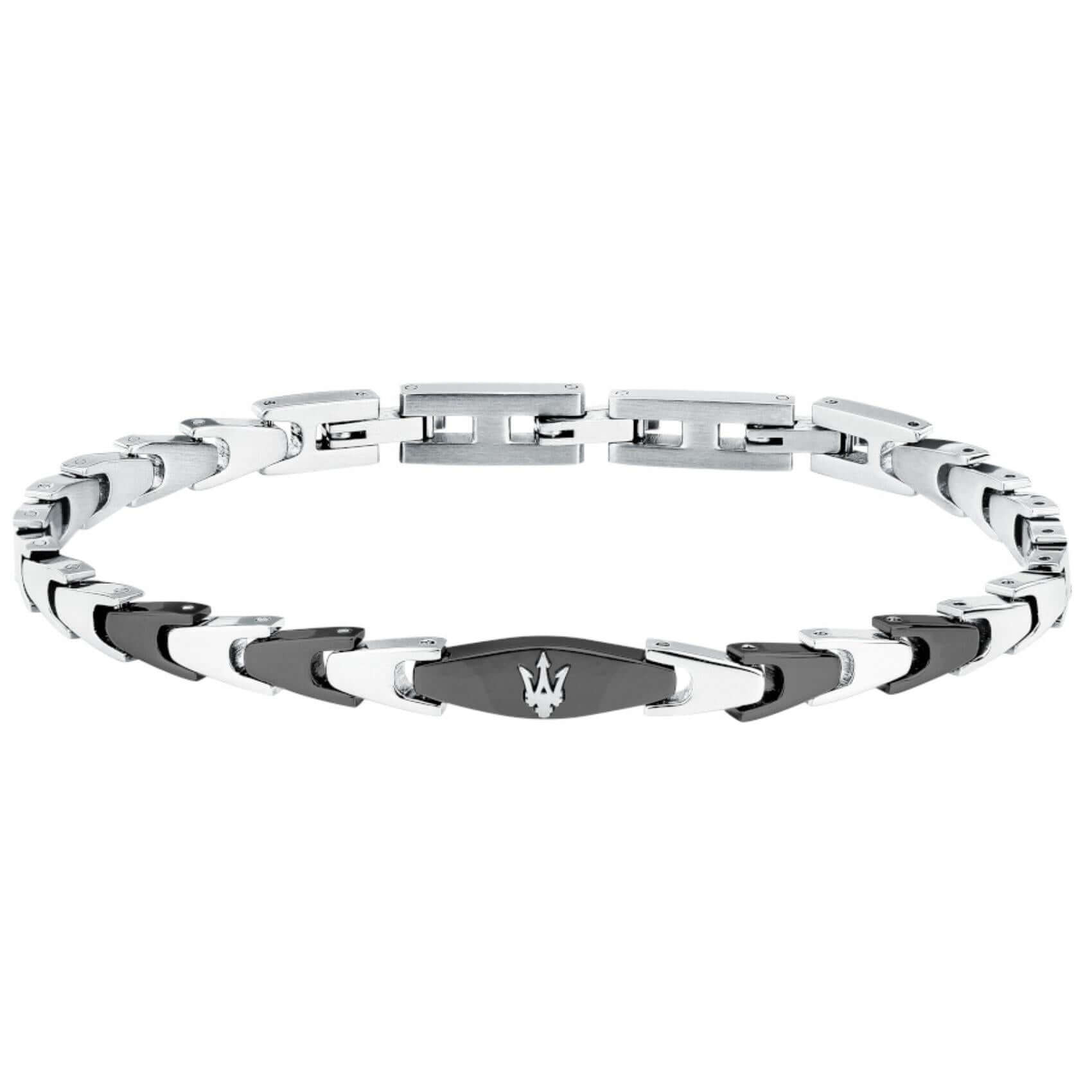 Ανδρικό βραχιόλι Maserati Iconic JM225AVD83 από ανοξείδωτο ατσάλι, με ασημί-μαύρο μπρασελέ και ασημένια τρίαινα.