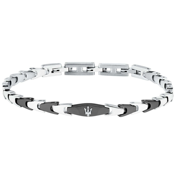Ανδρικό βραχιόλι Maserati Iconic JM225AVD83 από ανοξείδωτο ατσάλι, με ασημί-μαύρο μπρασελέ και ασημένια τρίαινα.