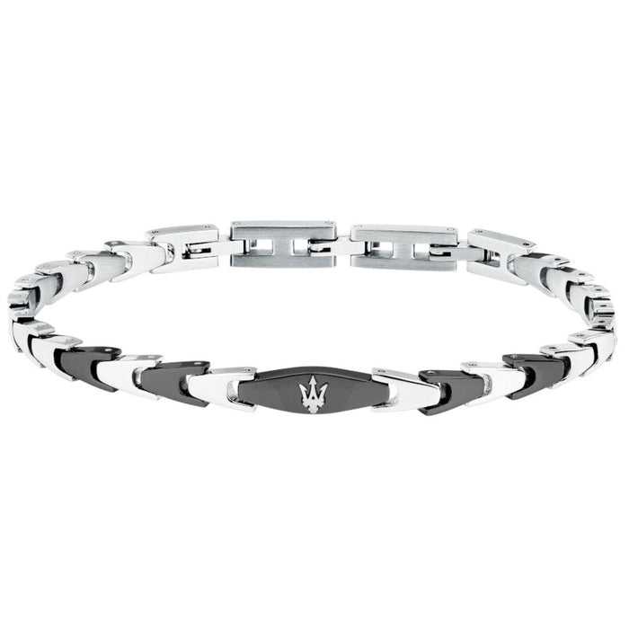 Ανδρικό βραχιόλι Maserati Iconic JM225AVD83 από ανοξείδωτο ατσάλι, με ασημί-μαύρο μπρασελέ και ασημένια τρίαινα.
