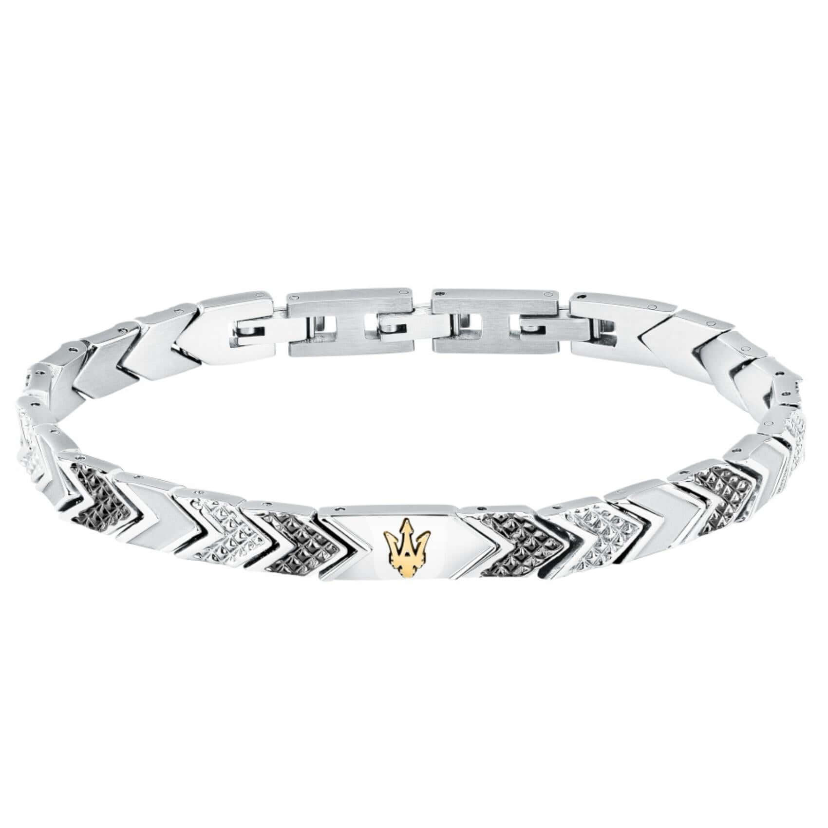 Ανδρικό βραχιόλι Maserati Iconic JM225AVD89 από ανοξείδωτο ατσάλι, με ασημί-γκρι μπρασελέ διακοσμημένο με πέτρες και χρυσή τρίαινα.