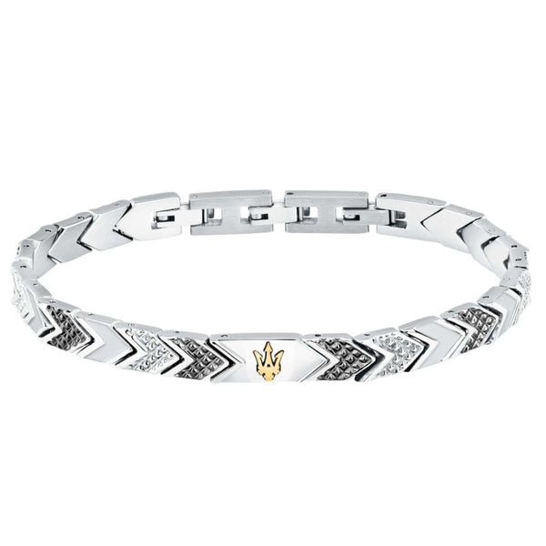Ανδρικό βραχιόλι Maserati Iconic JM225AVD89 από ανοξείδωτο ατσάλι, με ασημί-γκρι μπρασελέ διακοσμημένο με πέτρες και χρυσή τρίαινα.