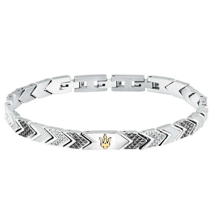 Ανδρικό βραχιόλι Maserati Iconic JM225AVD89 από ανοξείδωτο ατσάλι, με ασημί-γκρι μπρασελέ διακοσμημένο με πέτρες και χρυσή τρίαινα.