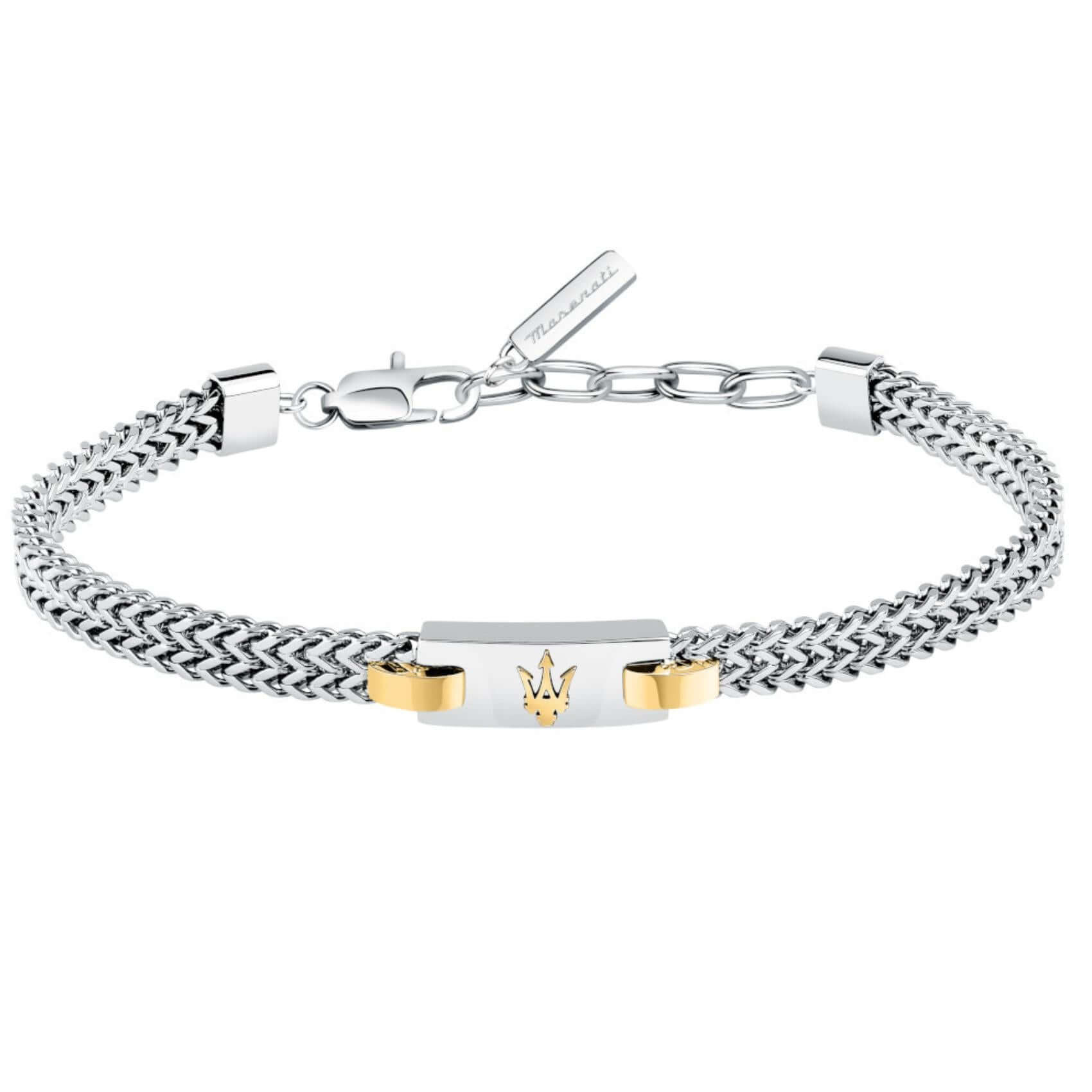 Ανδρικό βραχιόλι Maserati Iconic JM425AVD103 από ανοξείδωτο ατσάλι σε ασημί χρώμα, με χρυσή τρίαινα.