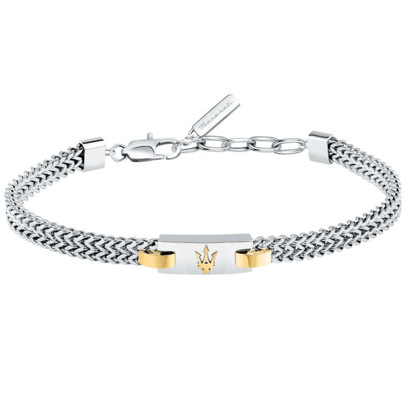 Ανδρικό βραχιόλι Maserati Iconic JM425AVD103 από ανοξείδωτο ατσάλι σε ασημί χρώμα, με χρυσή τρίαινα.