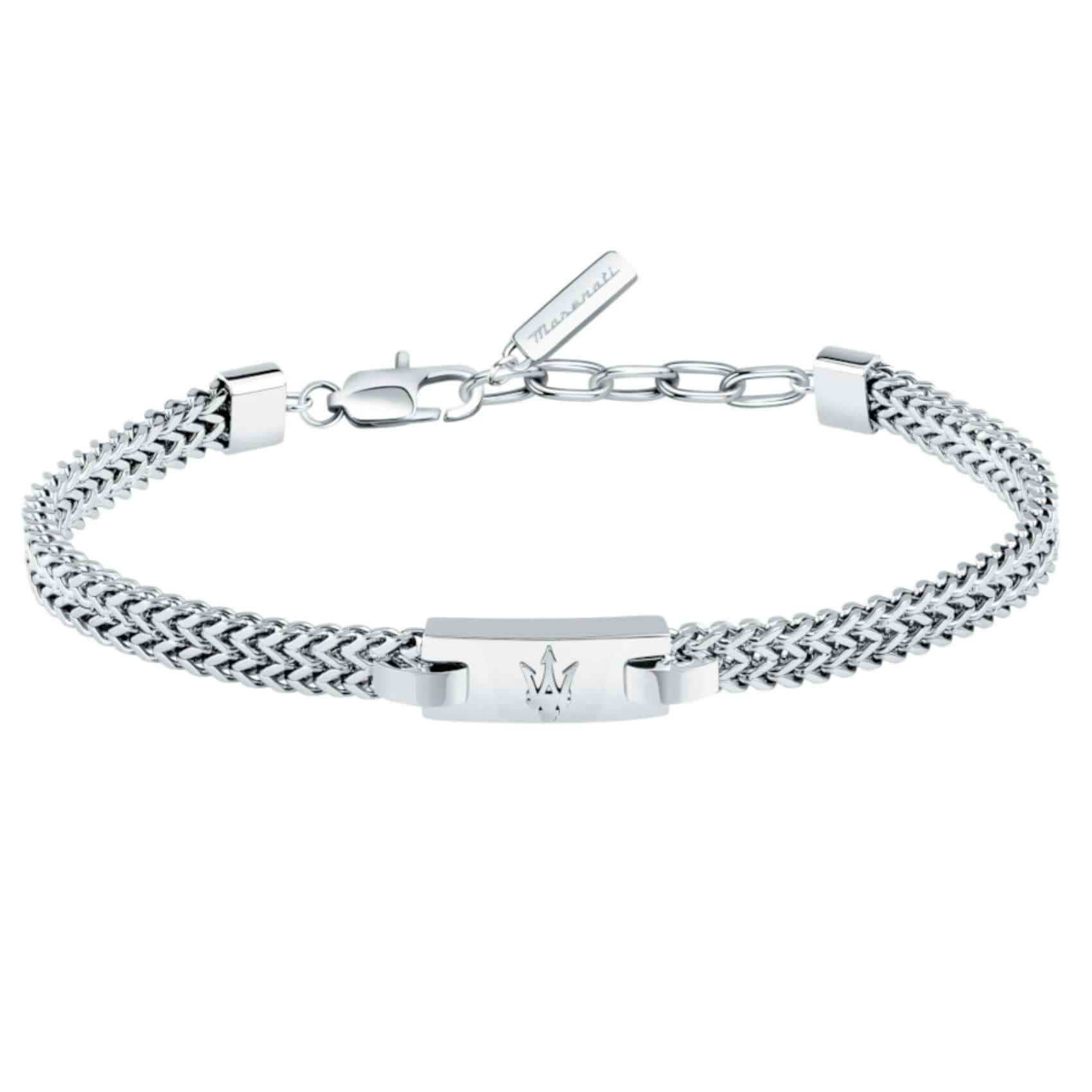 Ανδρικό βραχιόλι Maserati Iconic JM425AVD104 από ανοξείδωτο ατσάλι σε ασημί χρώμα, με ασημένια τρίαινα.