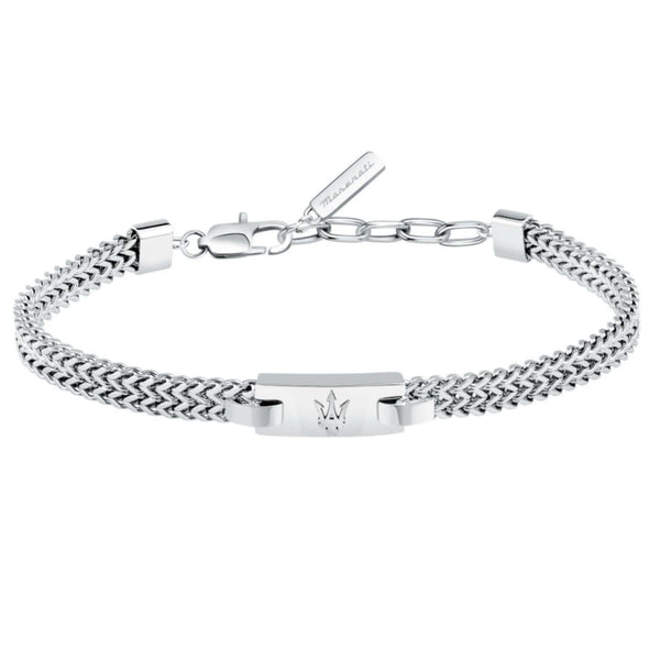Ανδρικό βραχιόλι Maserati Iconic JM425AVD104 από ανοξείδωτο ατσάλι σε ασημί χρώμα, με ασημένια τρίαινα.