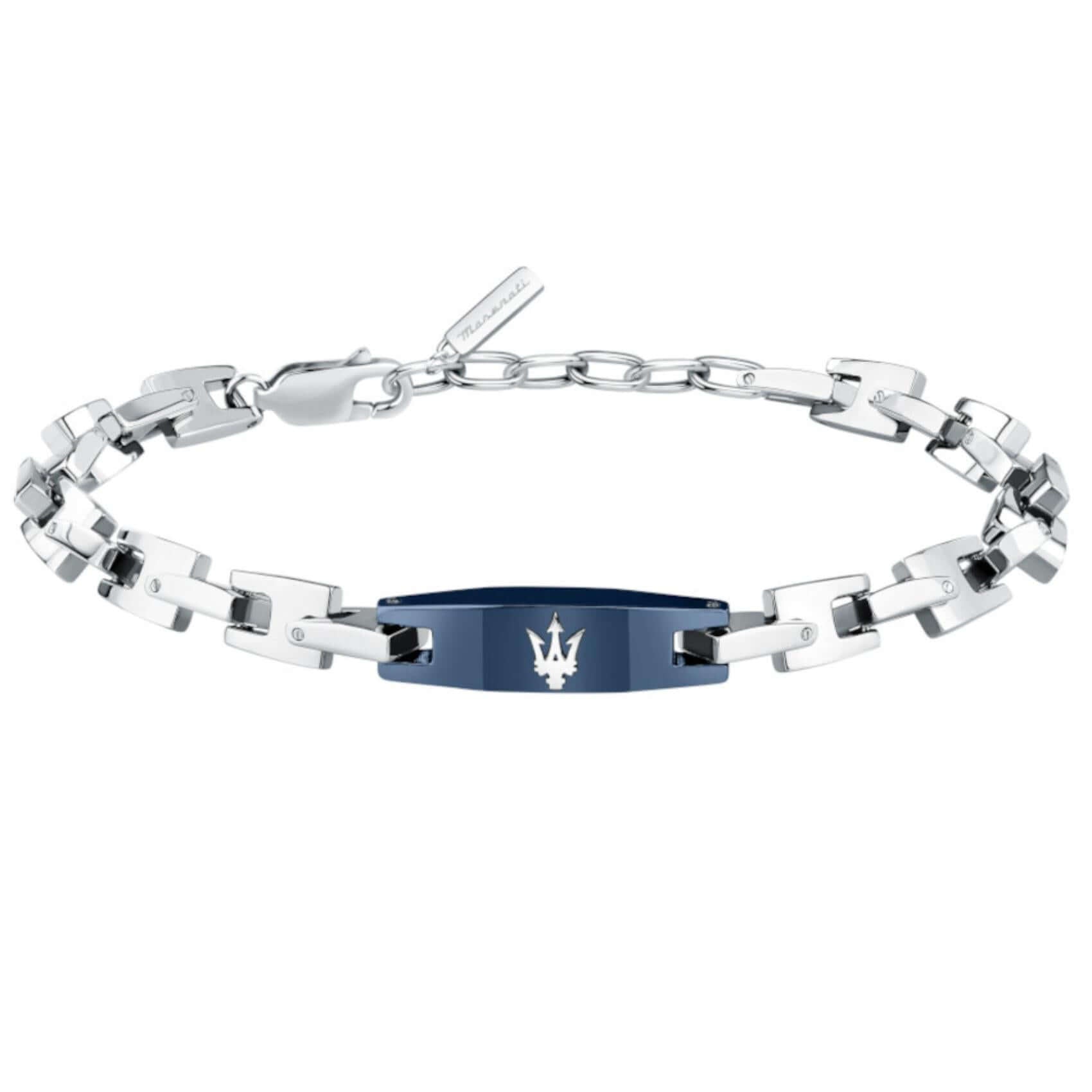 Ανδρικό βραχιόλι Maserati Iconic JM425AVD105 δίχρωμο από ανοξείδωτο ατσάλι σε ασημί και μπλε χρώμα, με ασημένια τρίαινα.