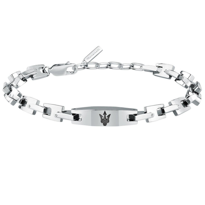 Ανδρικό βραχιόλι Maserati Iconic JM425AVD106 από ανοξείδωτο ατσάλι σε ασημί χρώμα, με μαύρη τρίαινα.