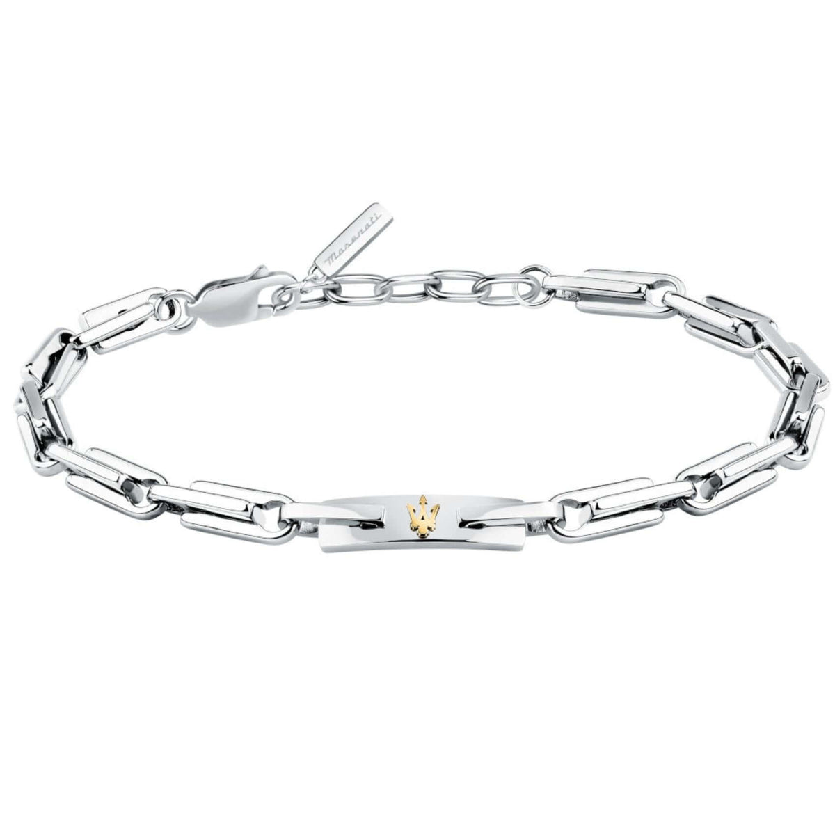 Ανδρικό βραχιόλι Maserati Iconic JM425AVD108 από ανοξείδωτο ατσάλι σε ασημί χρώμα, με χρυσή τρίαινα.