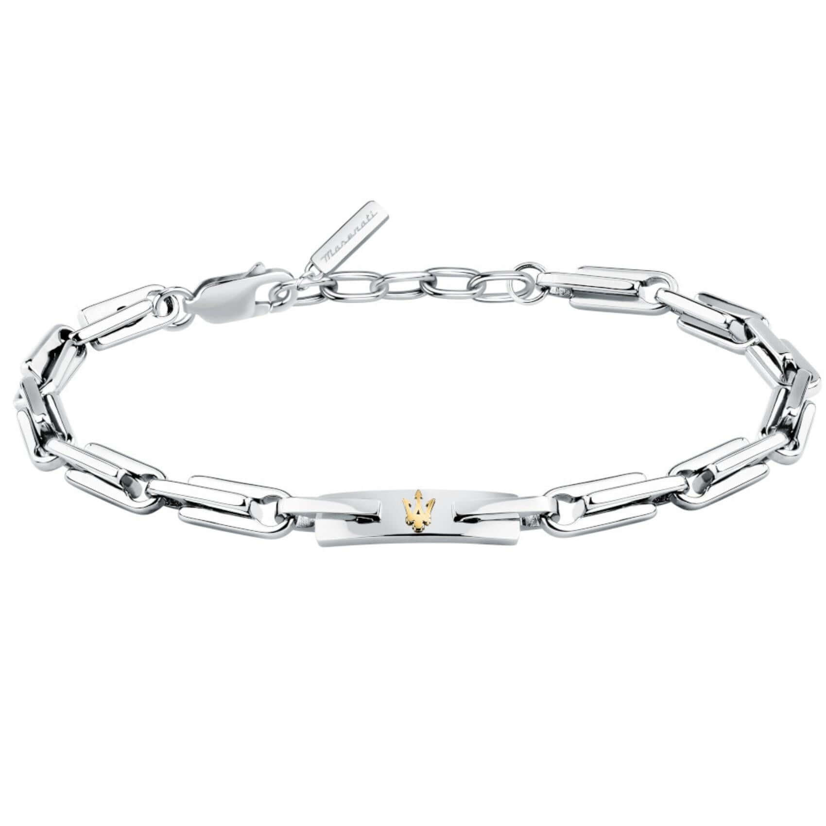 Ανδρικό βραχιόλι Maserati Iconic JM425AVD108 από ανοξείδωτο ατσάλι σε ασημί χρώμα, με χρυσή τρίαινα.