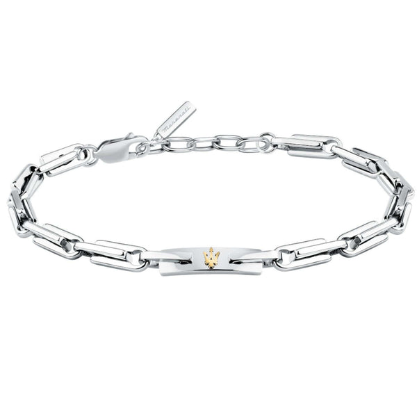 Ανδρικό βραχιόλι Maserati Iconic JM425AVD108 από ανοξείδωτο ατσάλι σε ασημί χρώμα, με χρυσή τρίαινα.