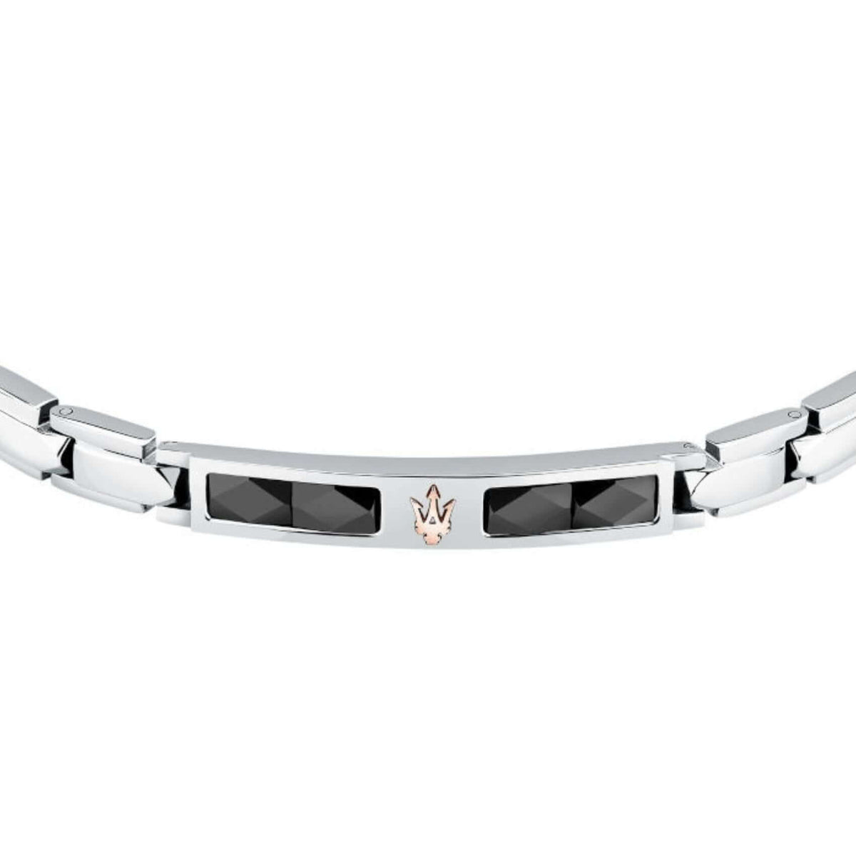 Ανδρικό βραχιόλι Maserati Diamonds JM224ATZ40 από ανοξείδωτο ατσάλι και κεραμικό, ασημί-μαύρο και ροζ χρυσή τρίαινα, κοντινή λήψη.